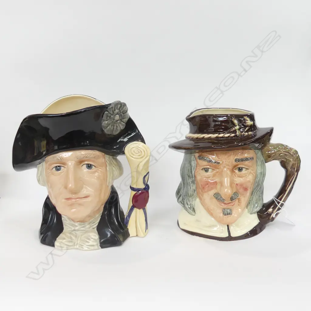 2 LG ROYAL DOULTON CHARACTER JUGS 'COMPLEAT ANGLER' IZAAK WALTON' H. 190MM & GEORGE WASHINGTON H. 195MM Image 1++