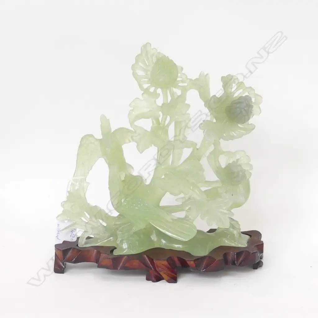 LG ORIENTAL CARVED JADE BIRD & FOLIAGE ON WOODEN STAND H. 280MM Image 1++