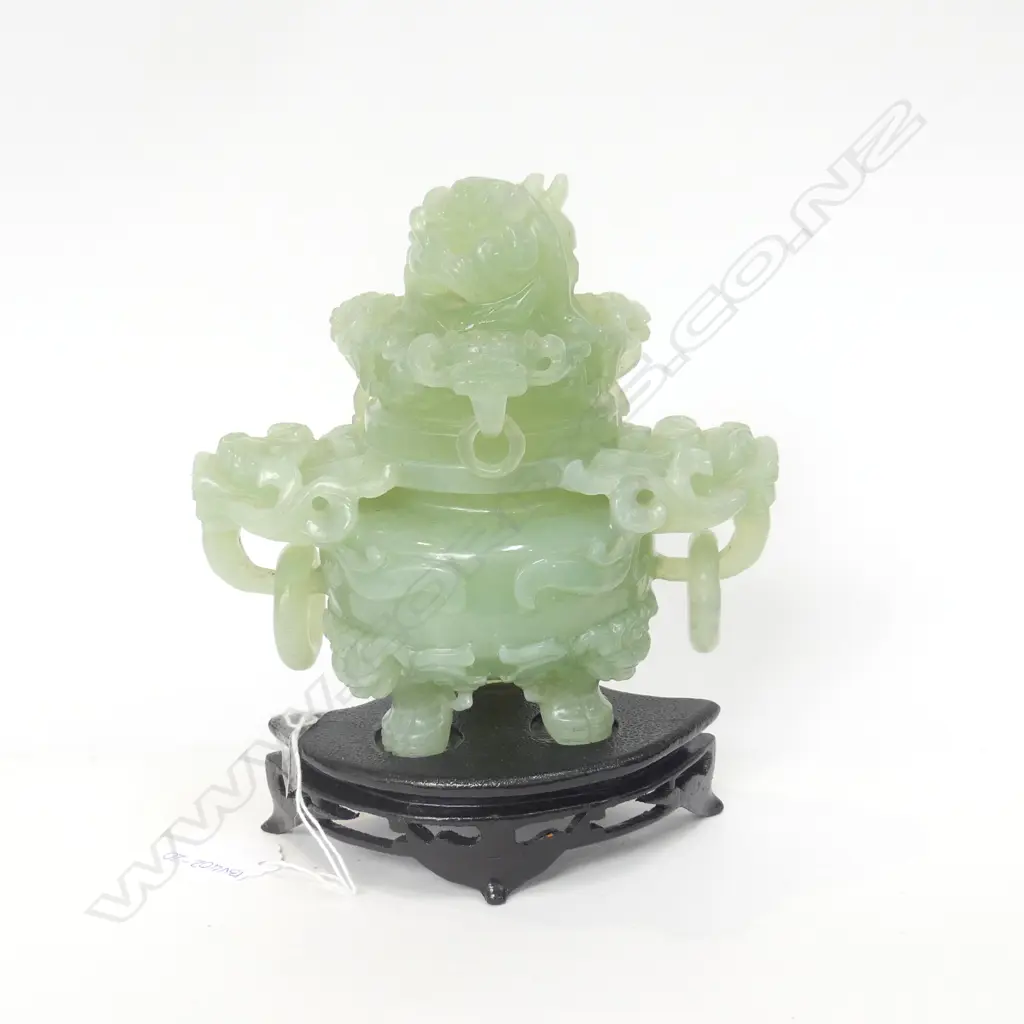 ORIENTAL CARVED JADE INCENSE BURNER WITH WOODEN STAND H. 200MM Image 1++