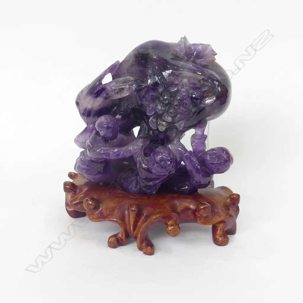 ORIENTAL PURPLE JADEITE SCULPTURAL FIGURES ON WOODEN STAND H. 170MM Image 1++