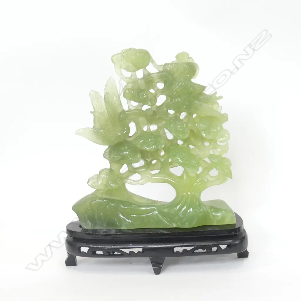 ORIENTAL JADE CARVED TREE ON WOODEN STAND, IN ORIGINAL BOX H. 280MM Image 1++