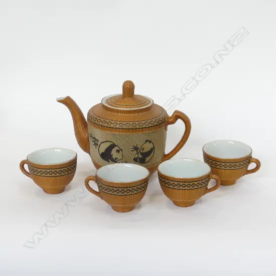 ORIENTAL BOXED TEA SET; BASKET WEAVE PATTERN & PANDA PORCELAIN TEAPOT & 4 TEA CUPS