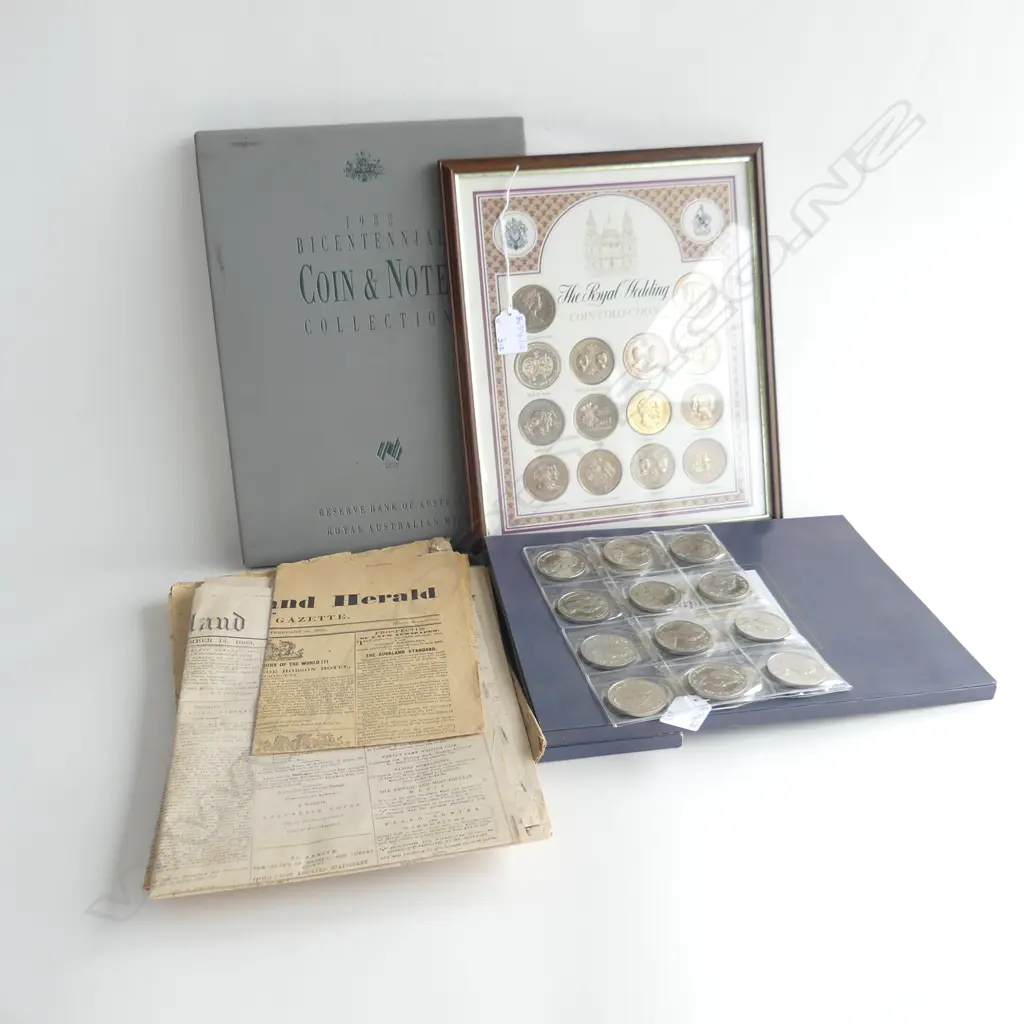 ASST. COINAGE; 2x 'FINAL IMPRESSIONS', FRAMED ROYAL COIN COLLECTION, 1988 AUST. SET, NZ 1 DOLLAR PACK + OLD NEWSPAPERS Image 1++
