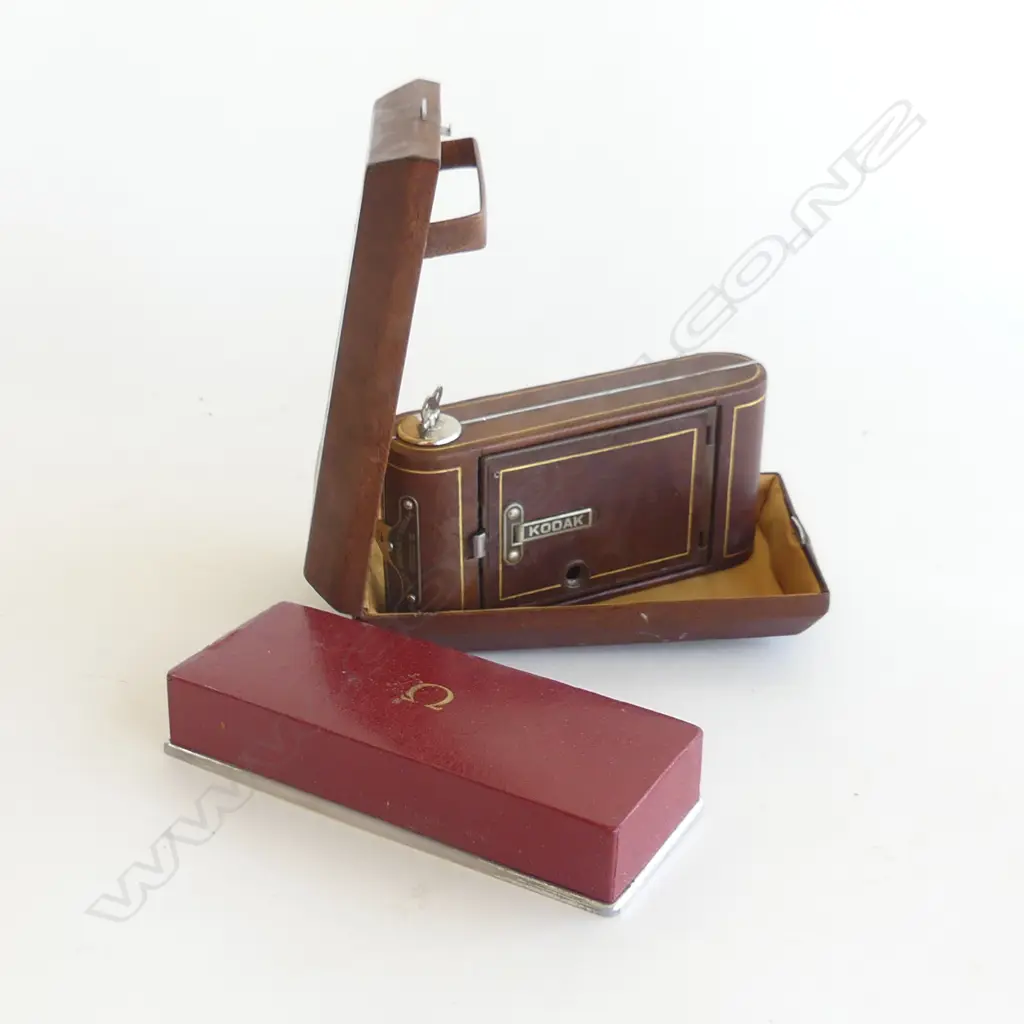 OLD KODAK BELLOWS CAMERA IN BOX AND AN OLD OMEGA WATCH BOX  Image 1++