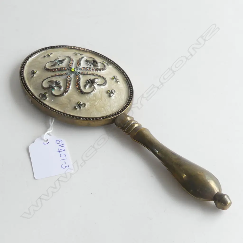 SM ENAMEL & CRYSTAL BACKED HAND MIRROR W BRASS HANDLE L. 200MM Image 1++