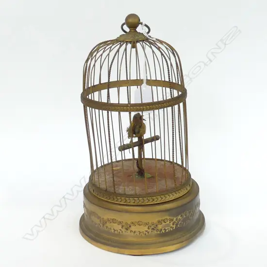 VINTAGE FRENCH STYLE SM GILT MUSICAL BIRD CAGE WITH BIRD (NOT WORKING) H. 300MM