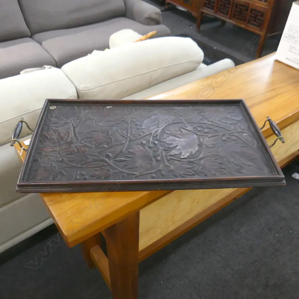 EARLY 20thC CARVED WOODEN TRAY w. FOLIAGE DESIGN 400x725mm Image 1++