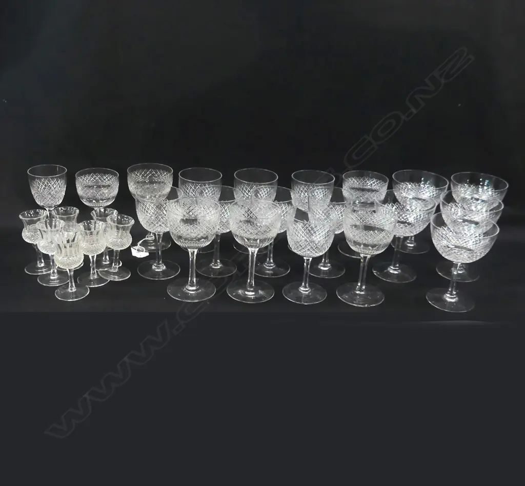 27 CRYSTAL STEMMED GLASSES, VARIOUS SIZES - SAME PATTERN, INCL CHAMPAGNE ETC. Image 1++