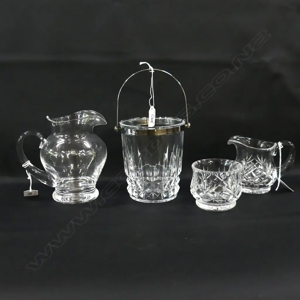 CUT CRYSTAL ICE BUCKET (H 135MM) DARTINGTON CRYSTAL JUG (H 160MM) + CUT CRYSTAL SUGAR BOWL & MILK JUG SET Image 1++