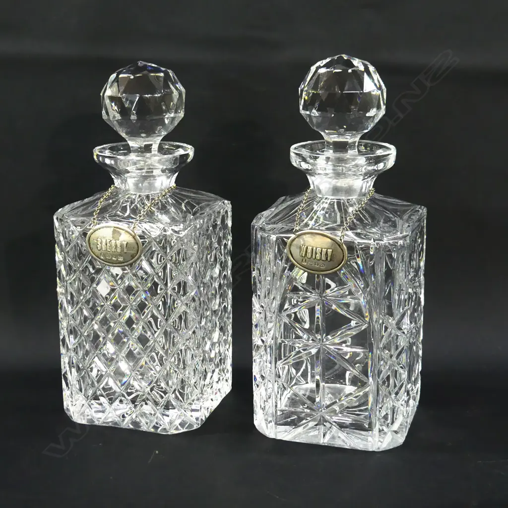 2 HEAVY CUT GLASS DECANTERS, ONE WITH WHISKY TAG, ONE WITH SHERRY (BOTH AF) Image 1++