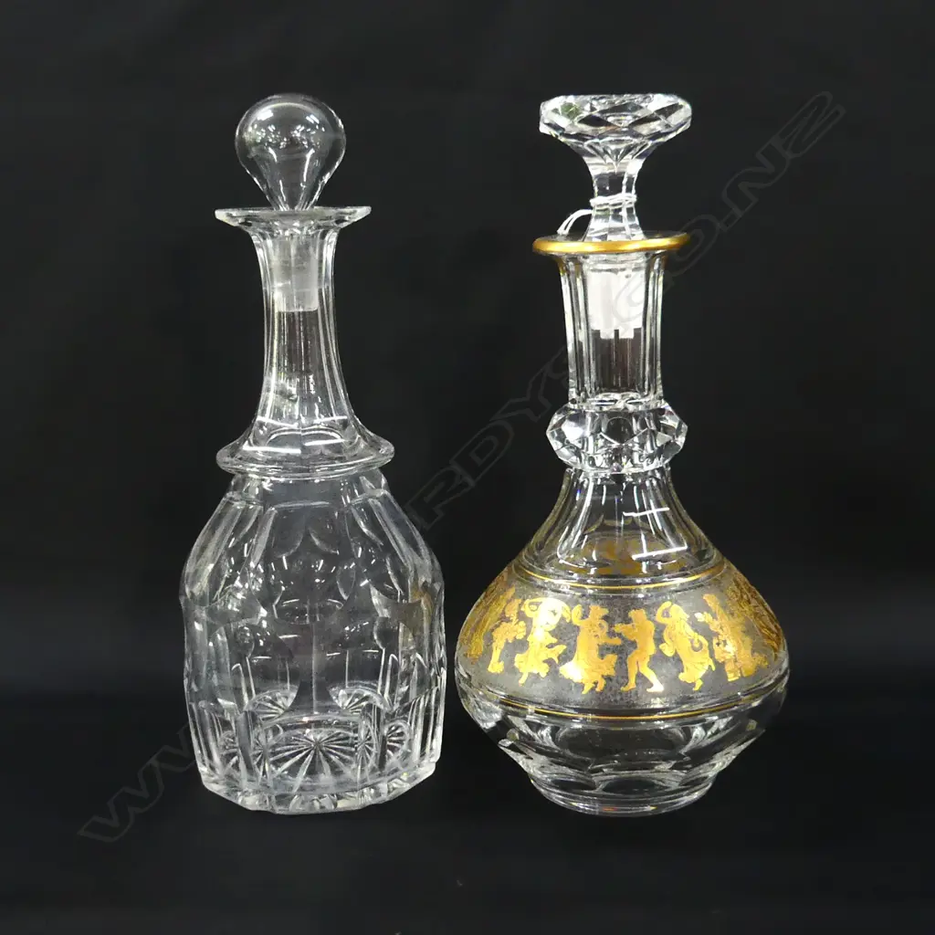 2 DECANTERS; FACET CUT (rim chip) + CLASSICAL GREEK GILT H.300mm Image 1++