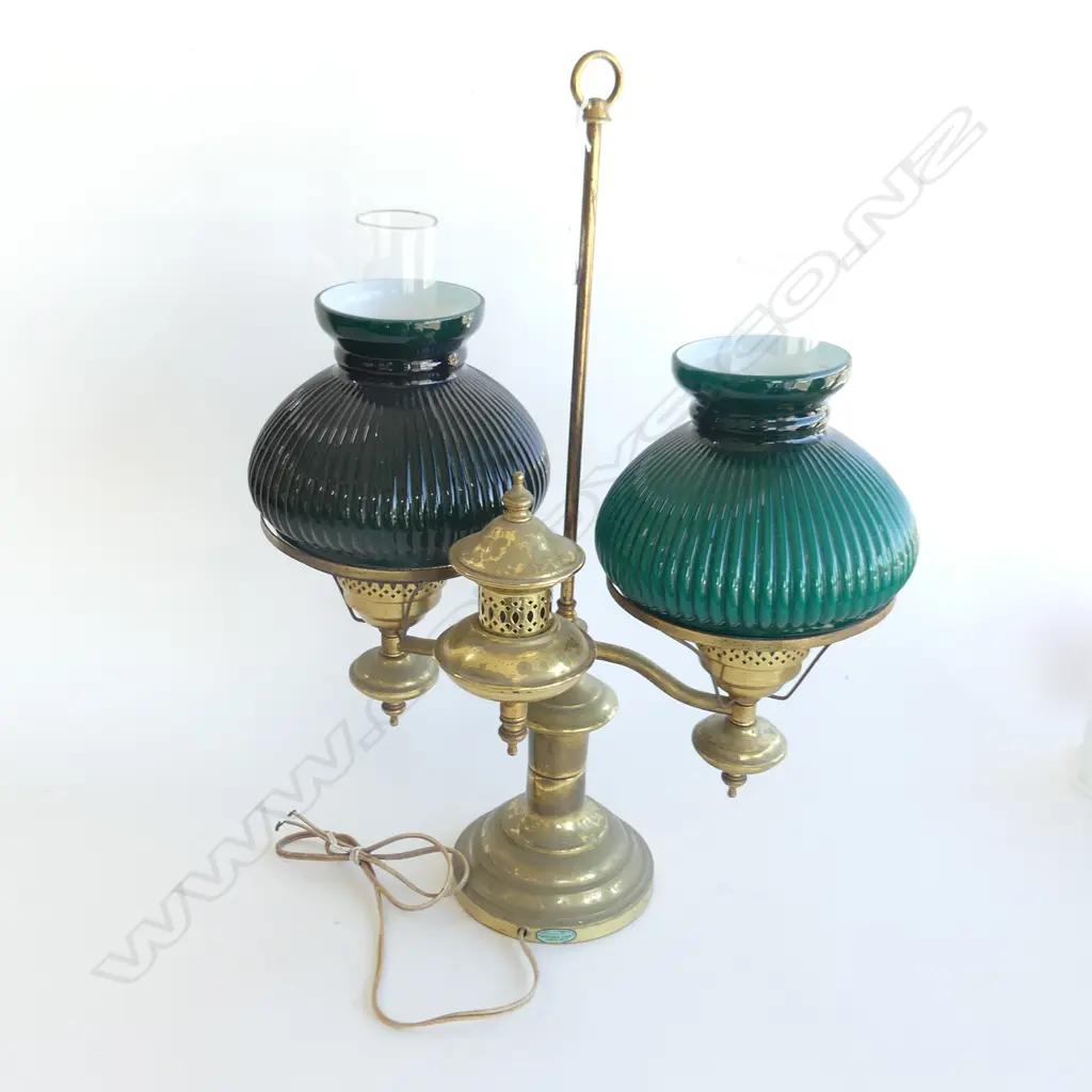 AMERICAN DOUBLE ARM BRASS & GREEN GLASS LAMP H.585mm Image 1++