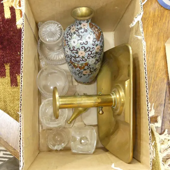 SM BOX MISC INCL  BRASS CANDLE HOLDER, CLOISONNE VASE, GLASS 