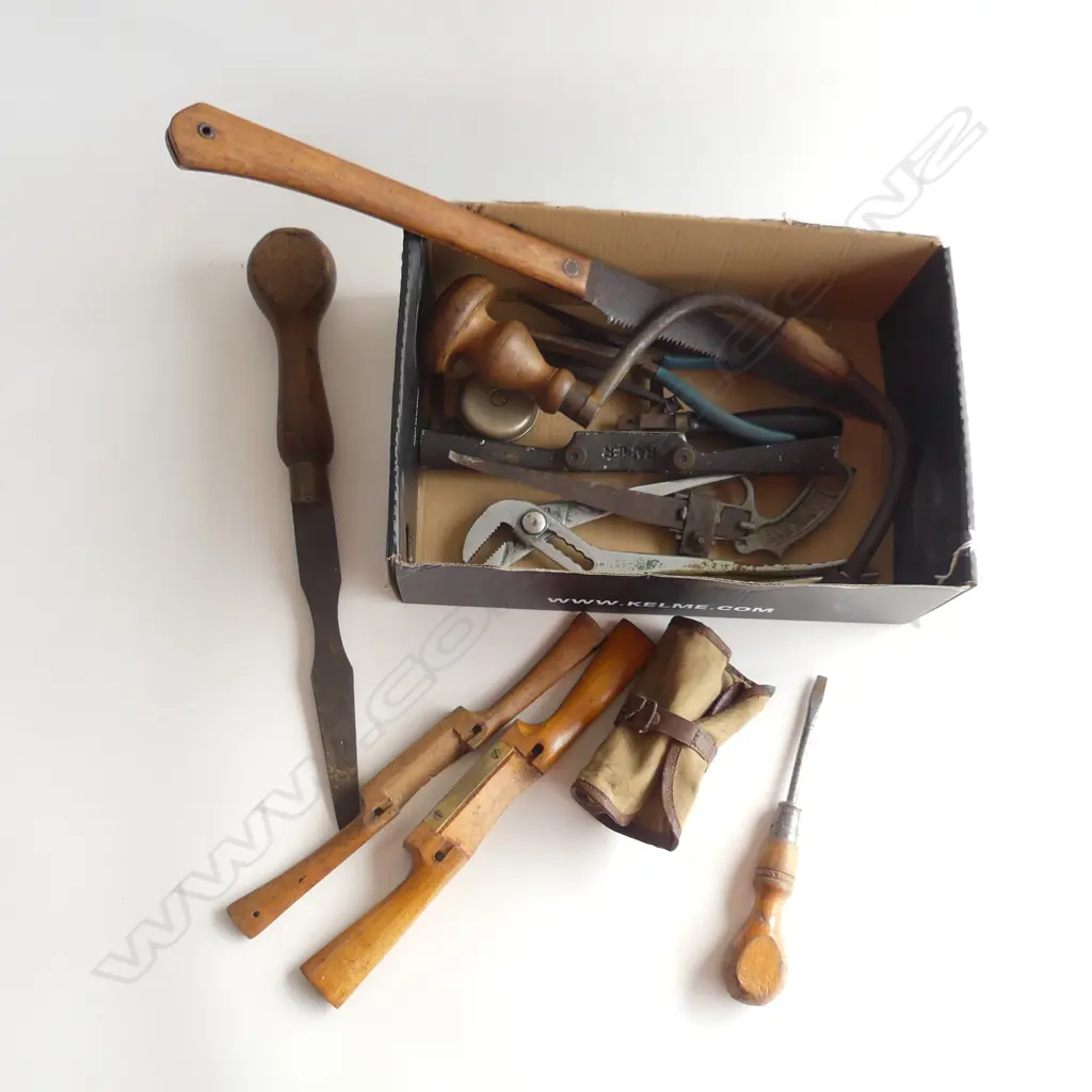 BOX LOT OLD TOOLS, SPOKES, SHAVES, SAW, SCREWDRIVER ETC.. Image 1++