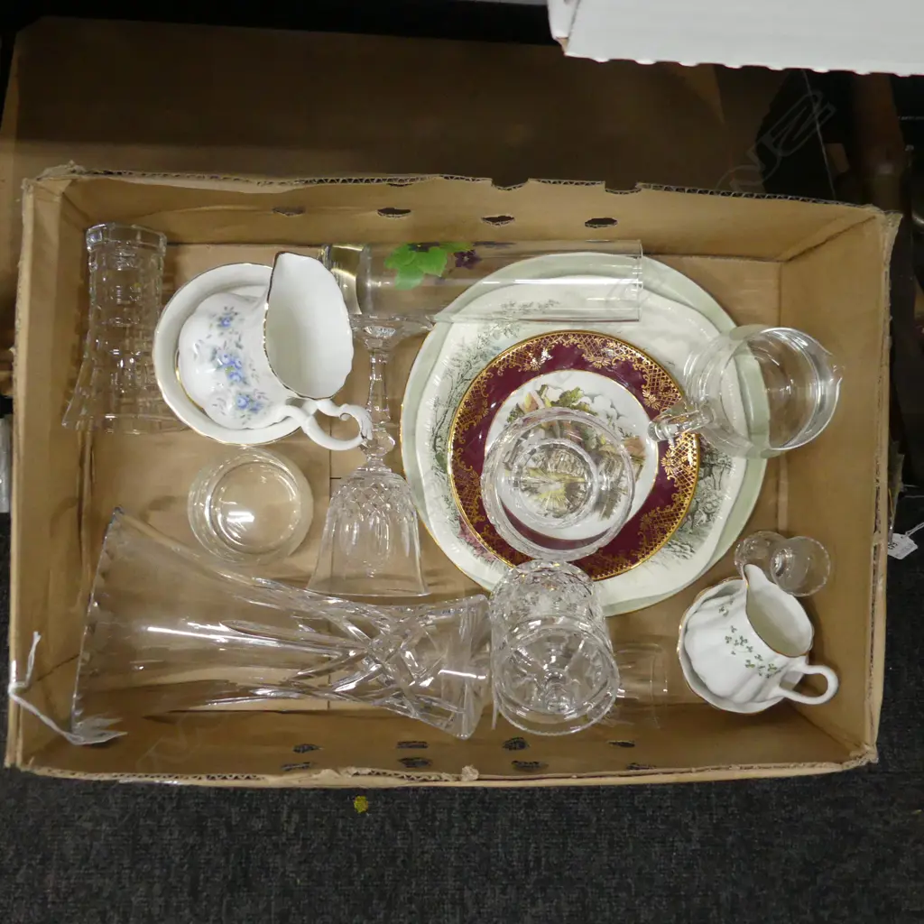 BOX LOT ASST CUT CRYSTAL GLASSES, VASES ETC.. PLUS CHINA INCL ROYAL ALBERT Image 1++