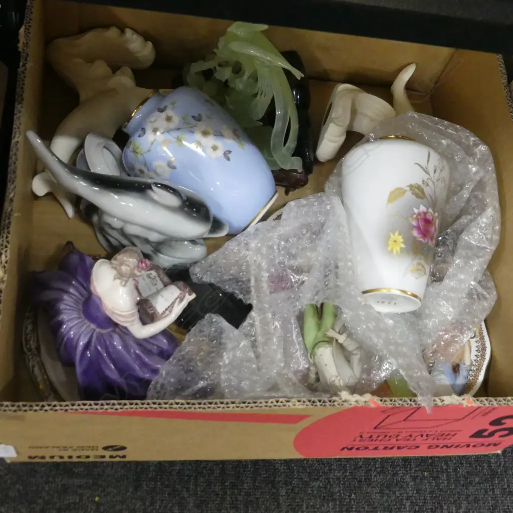 BOX LOT ASST. CHINA; CAPODIMONTE FIGURINE AF, CHRYSOPRASE JADE, DOLPHINS ETC Image 1++