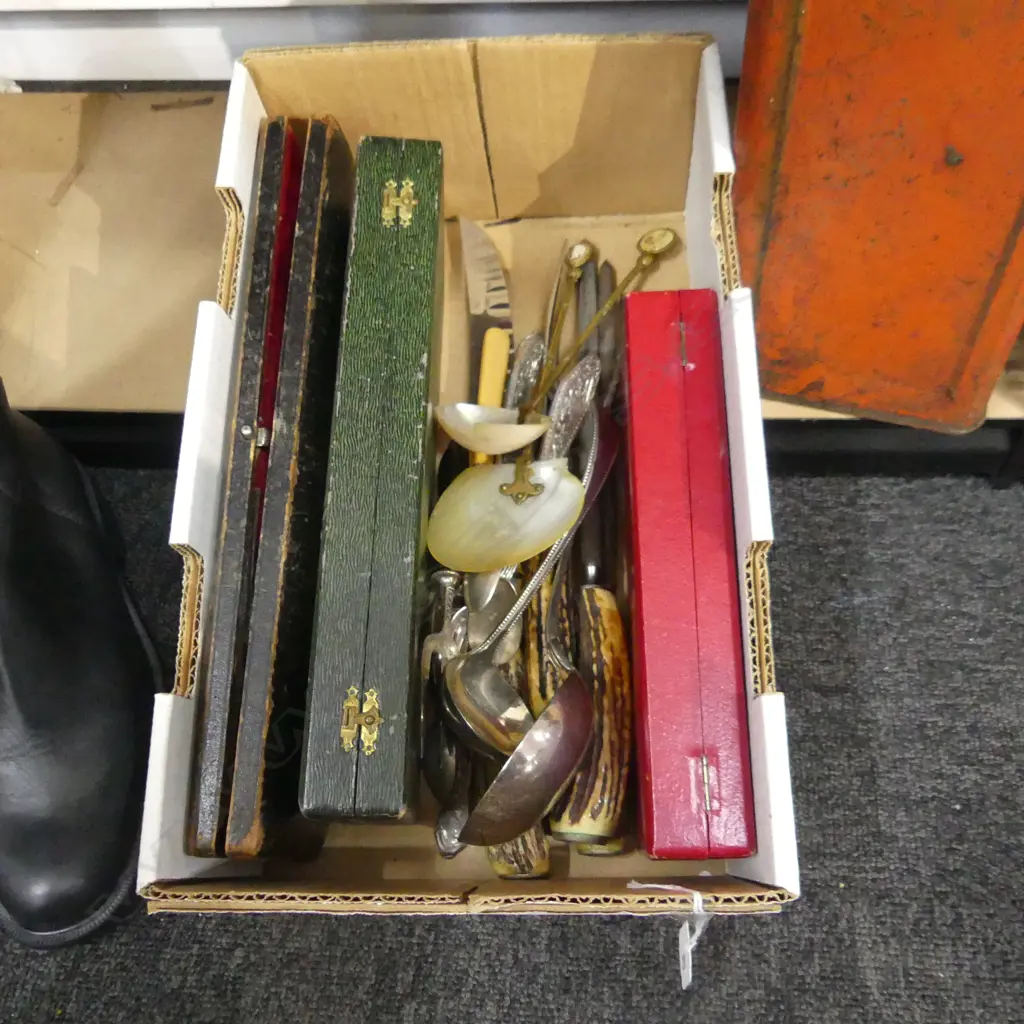 GOOD BOX LOT ASST CUTLERY iNCL STAG HORN CARVERS, BOXED SETS ETC. Image 1++