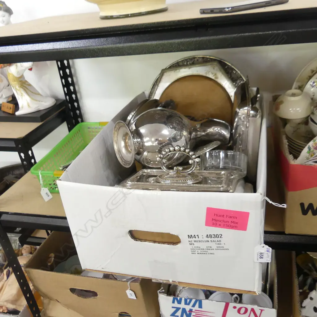 BOX LOT ASST. SILVER PLATE; BREAD BOARDS, VEGETABLE DISHES ETC Image 1++