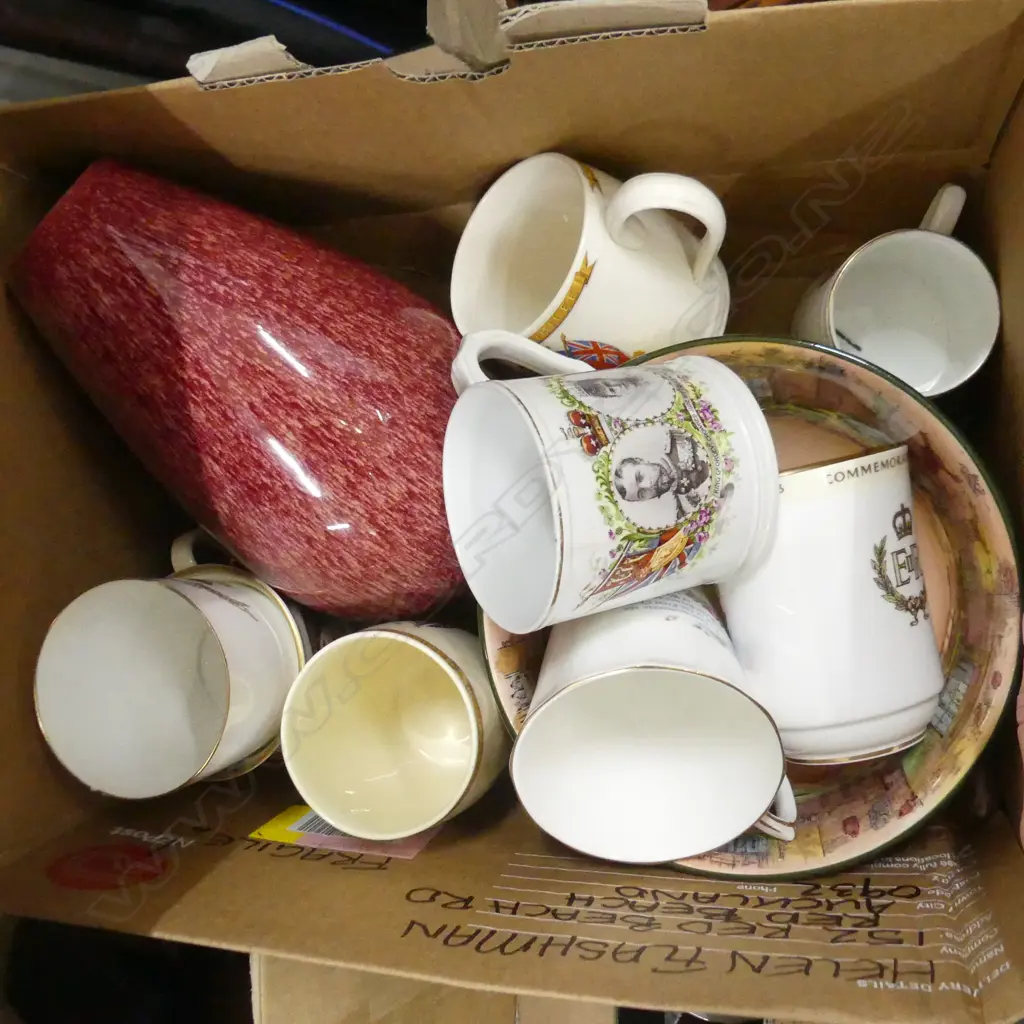 BOX LOT ASST. CHINA; ROYAL CUPS, DOULTON BOWL, RED VASE ETC Image 1++