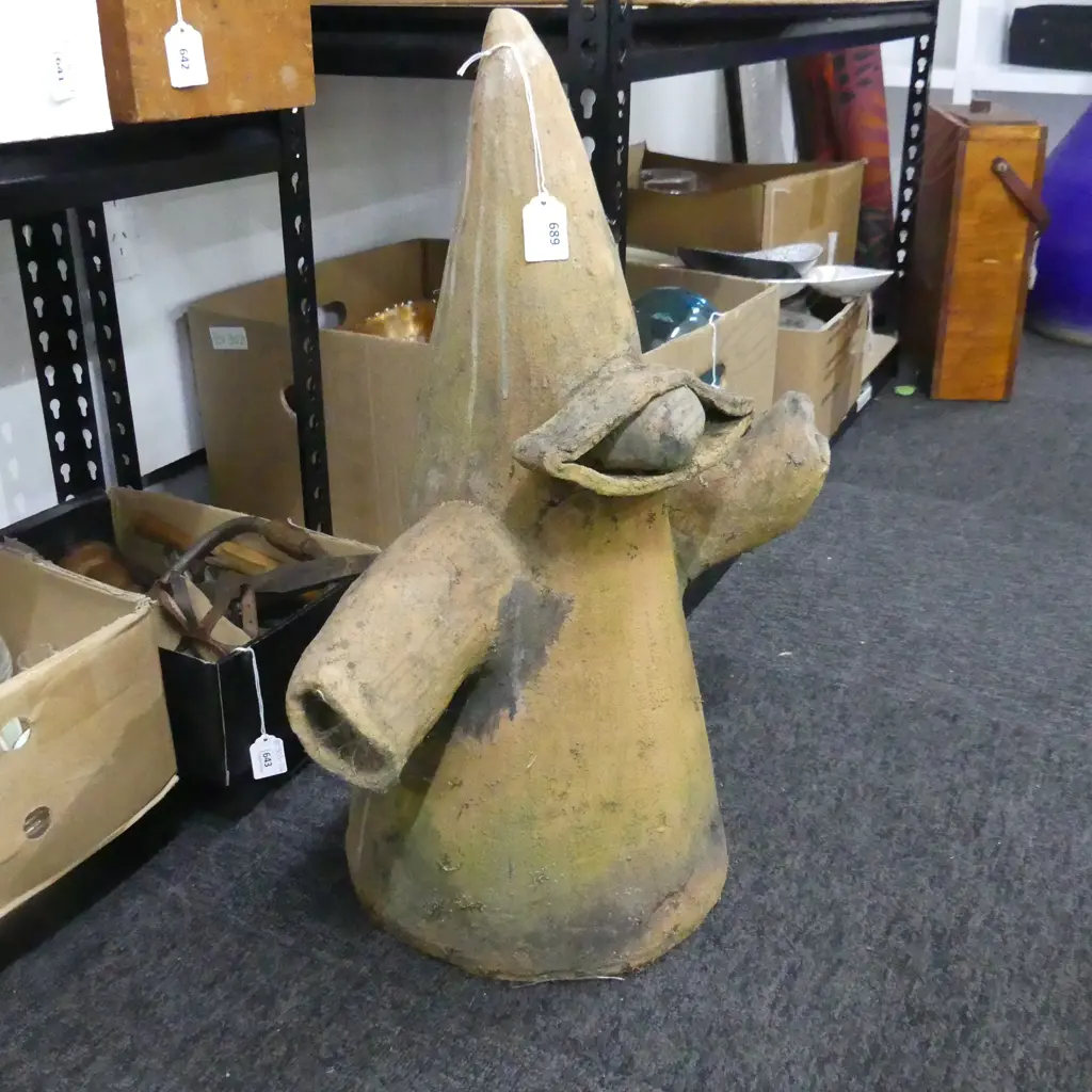 STUDIO POTTERY UNGLAZED SCULPTURE - CONE w. 2 ARMS AND EYE H. Image 1++