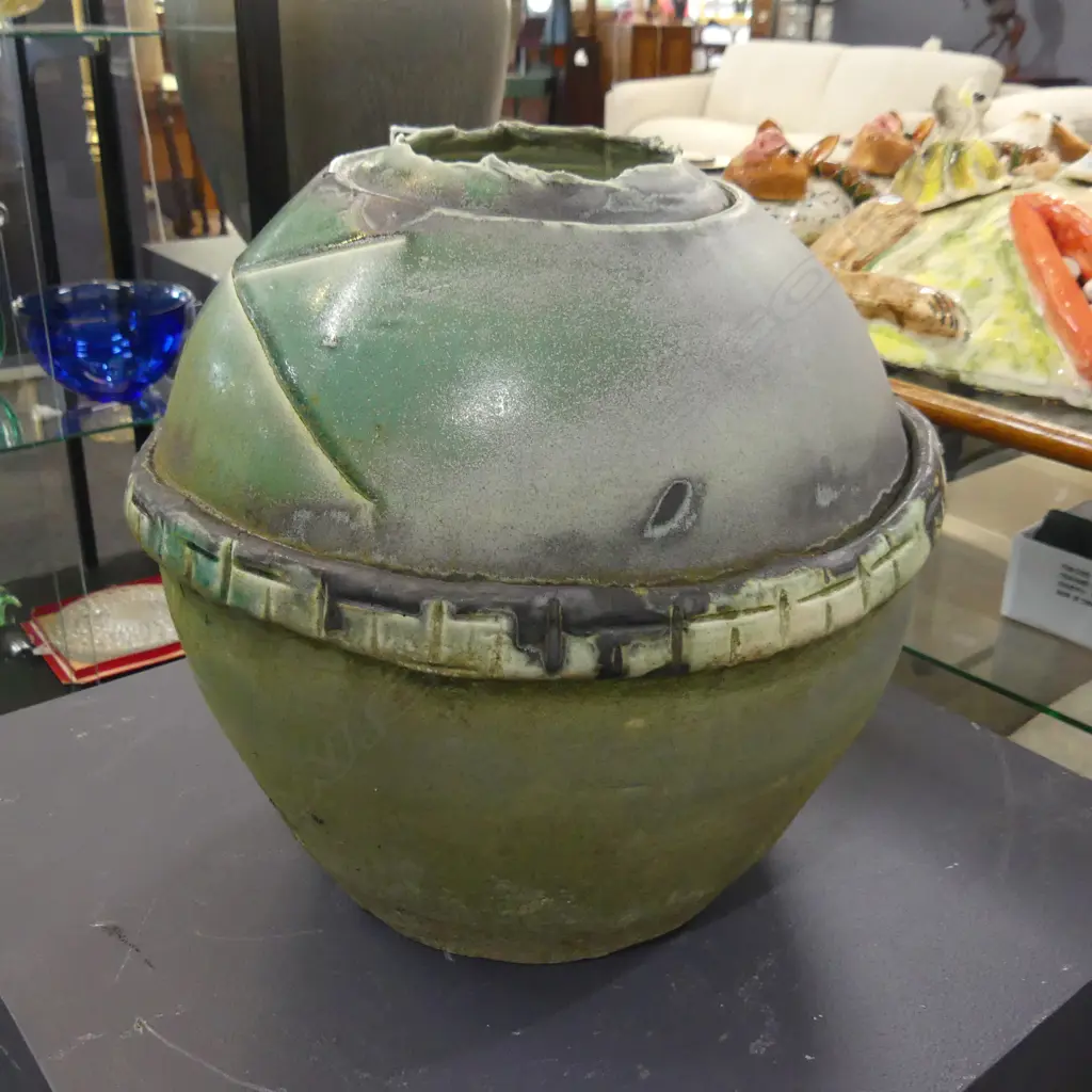 STUDIO POTTERY GREEN GLAZED POT H.320mm Image 1++