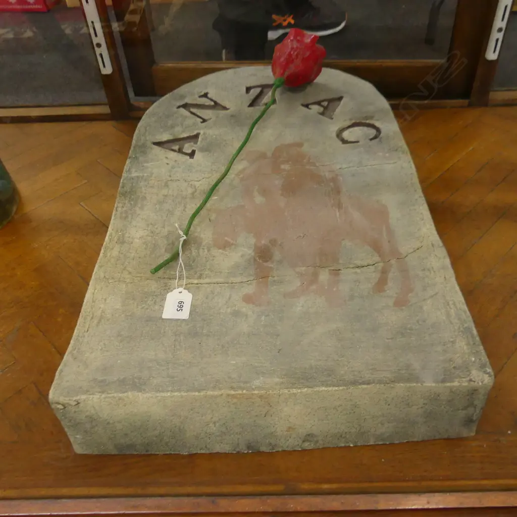 CERAMIC 'ANZAC' GRAVE STONE w. RED POPPY H.570mm Image 1++