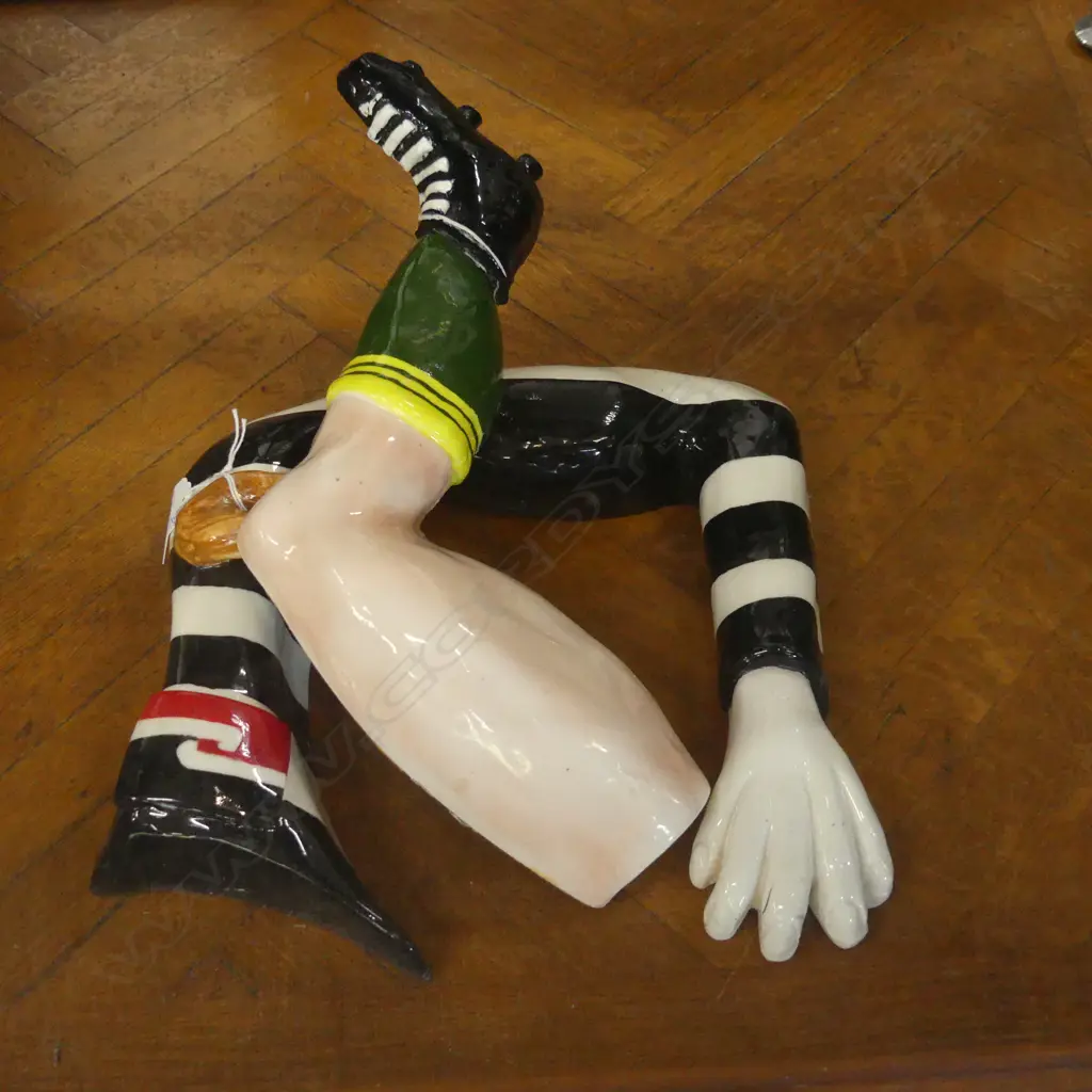 2 STUDIO POTTERY WALL ARTWORKS; AUSSIE RUGBY LEG & B/W STRIPED ARM w. MAORI FLAG W.260mm Image 1++