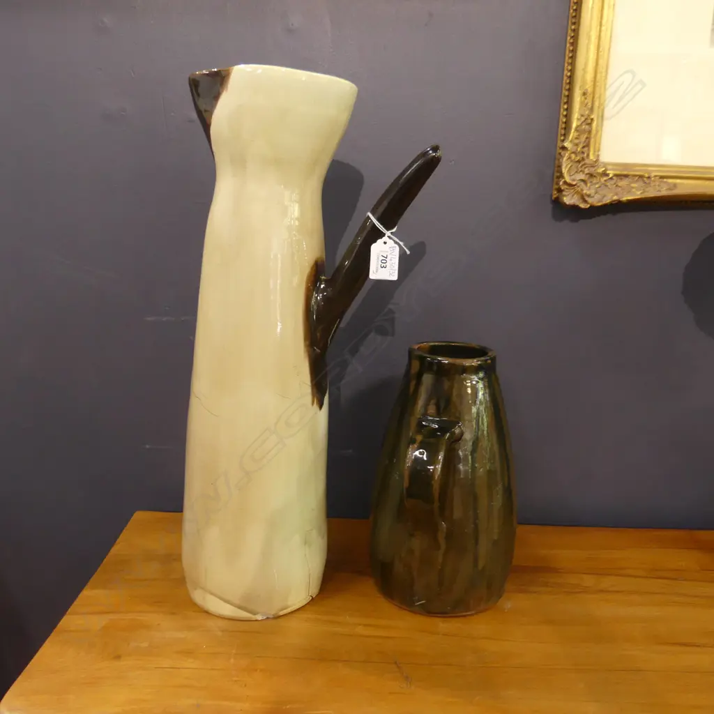 2 GLAZED STUDIO POTTERY JUGS; TALLEST CRACKED TO BASE H.500mm Image 1++