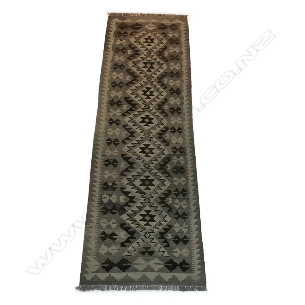 HAND WOVEN KELIM , GREY & BLACK TONES, 250 X 77CM Image 1++