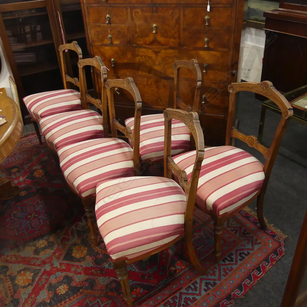 6 EDWARDIAN DINING CHAIRS w. PINK STRIPE SEATS Image 1++