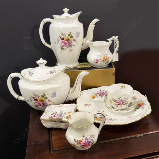 44 PCES ROYAL CROWN DERBY; 9 TRIOS, TEAPOT, COFFEE POT, 4 JUGS ETC