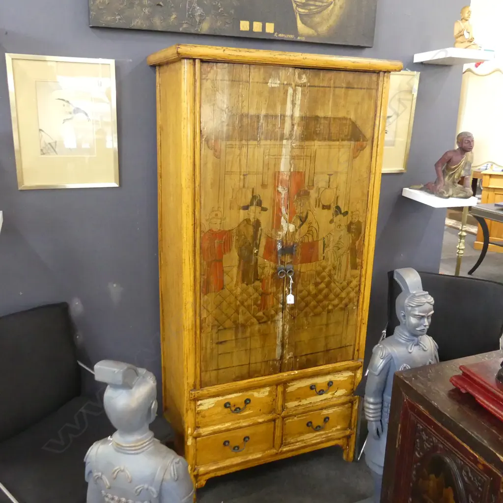 TALL ORIENTAL CABINET; 2 DOORS ABOVE 4 DRAWERS some loss to glaze 825x500x1705mm Image 1++