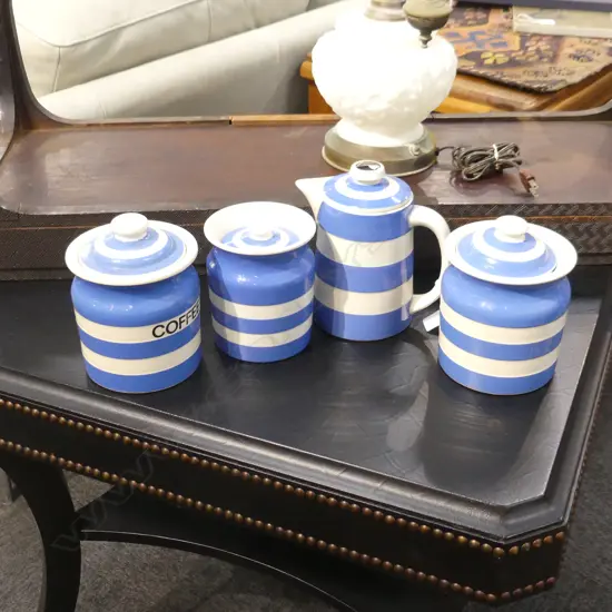 4 PCES CORNISHWARE; JUDITH ONION JUG & LIDDED CONTAINER (AF) + 2 TEA (CLOVERLEAF) & COFFEE (UNMARKED)