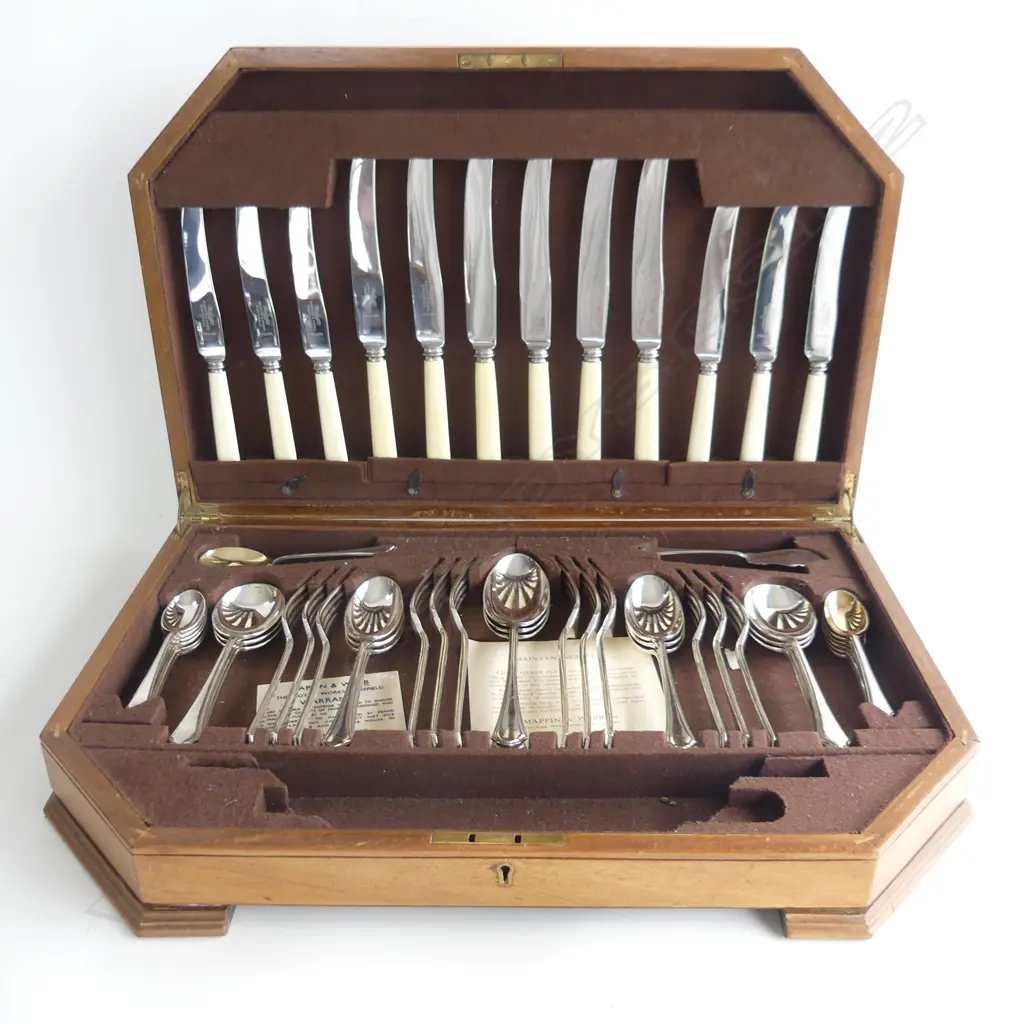 MAPPIN & WEBB COMPLETE 6 PLACE SILVER PLATE CUTLERY CANTEEN INCL. 12 IVORINE 'BONE' HANDLED KNIVES W.510mm Image 1++