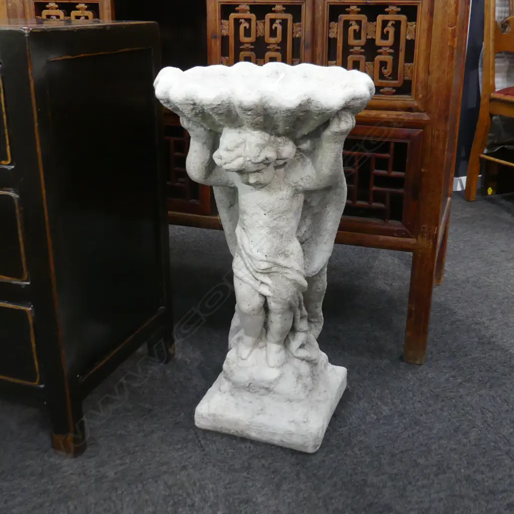 CONCRETE GARDEN STATUE ANGEL WITH SHELL BIRD BATH H.660mm Image 1++