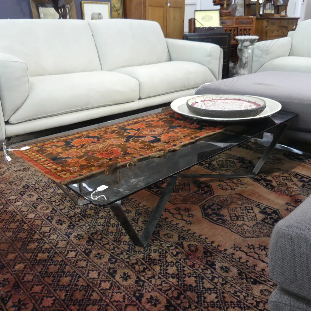 MODERN COFFEE TABLE; CHROME BASE w. BLACK GLASS TOP 1350x700mm Image 1++