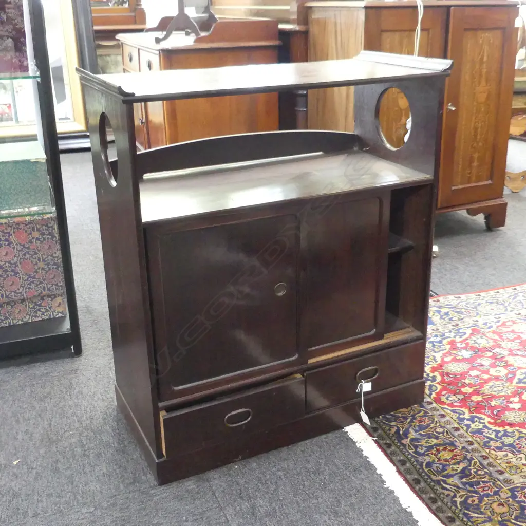 VINTAGE DARK WOODEN ORIENTAL CABINET w. SHELF ABOVE SLIDING DOORS & 2 DRAWERS (AF CRACK TO SHELF) Image 1++