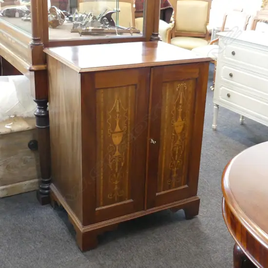 EDWARDIAN INLAID MAHOGANY 2 DOOR CUPBOARD WITH KEY 710x500x900mm - BACK WITH HOLE