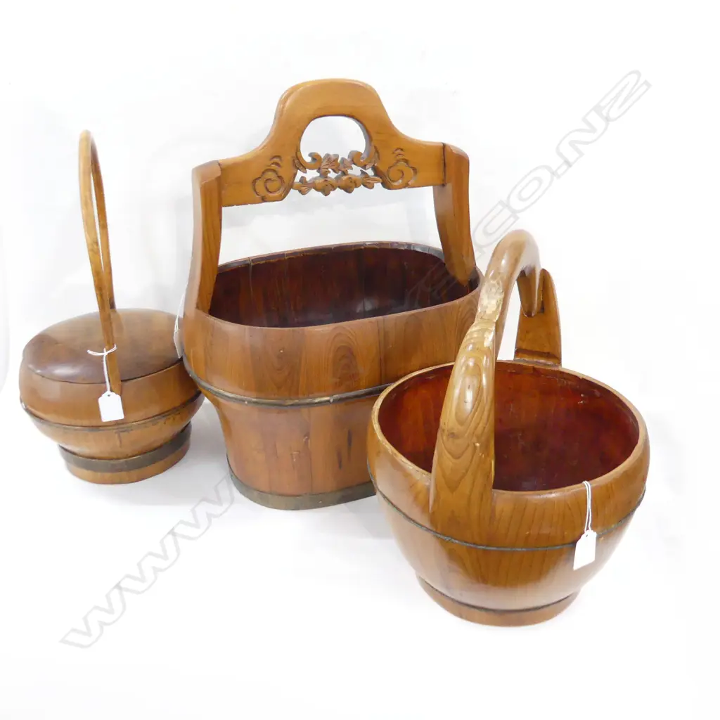 3 VINTAGE WOODEN & BRASS BASKETS (PHILIPPINES) , 1  WITH LID, 1 WITH CARVED HANDLE (H520MM) Image 1++