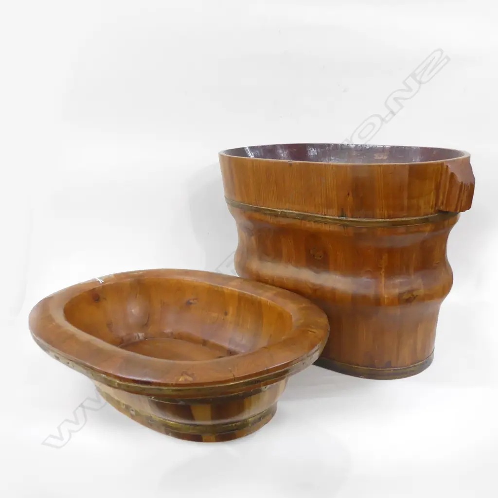 LG VINTAGE WOOD & BRASS BARREL STYLE POT (H360MM) + LG BOWL( L500 X 365MM) (PHILIPPINES) Image 1++