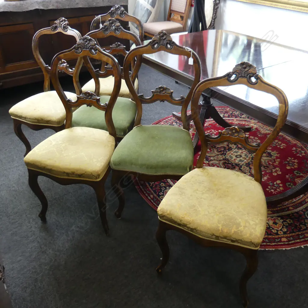 6 19thC EUROPEAN BALLOON BACK CHAIRS; 4x GOLD JACQUARD FABRIC 2x GREEN VELVET Image 1++