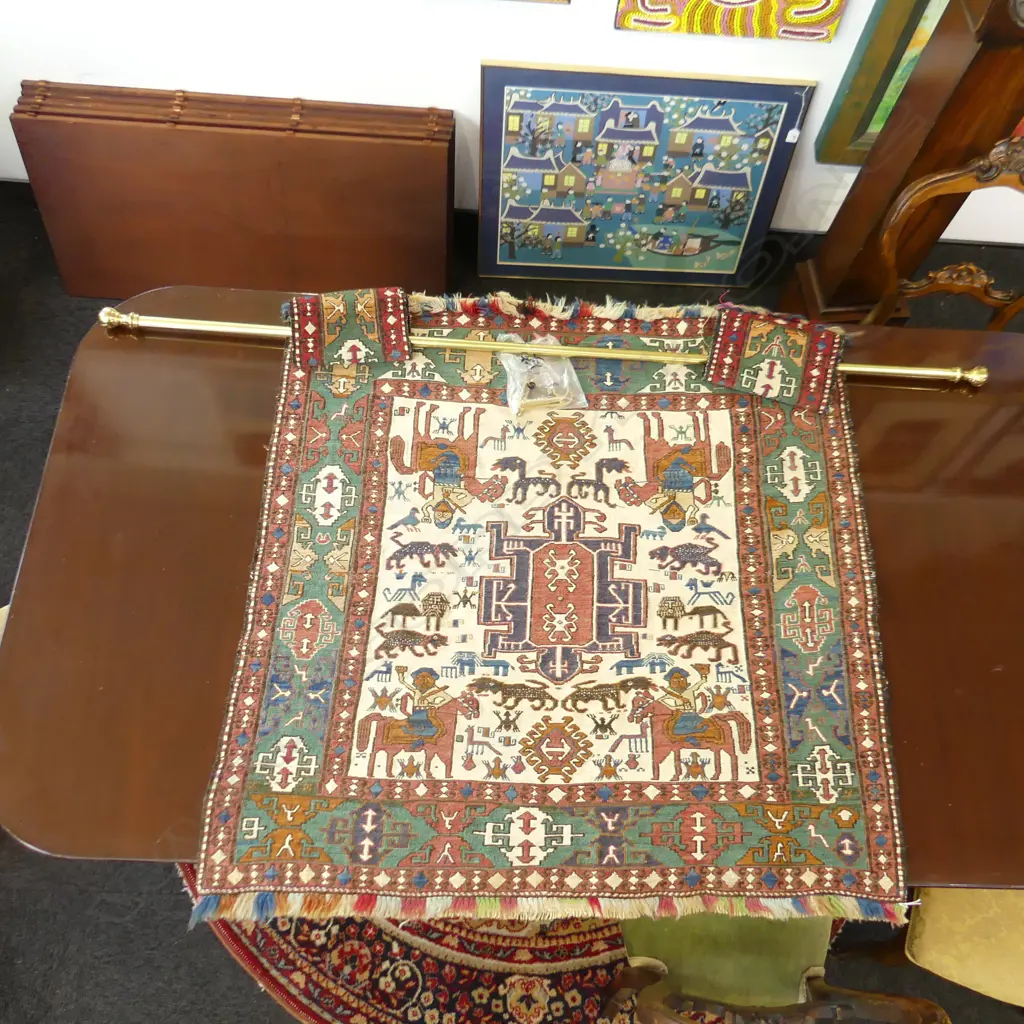 HAND KNOTTED SOUMAK FLAT WEAVE PICTORIAL TENT HANGING w. BRASS RAIL 1150x1030mm Image 1++