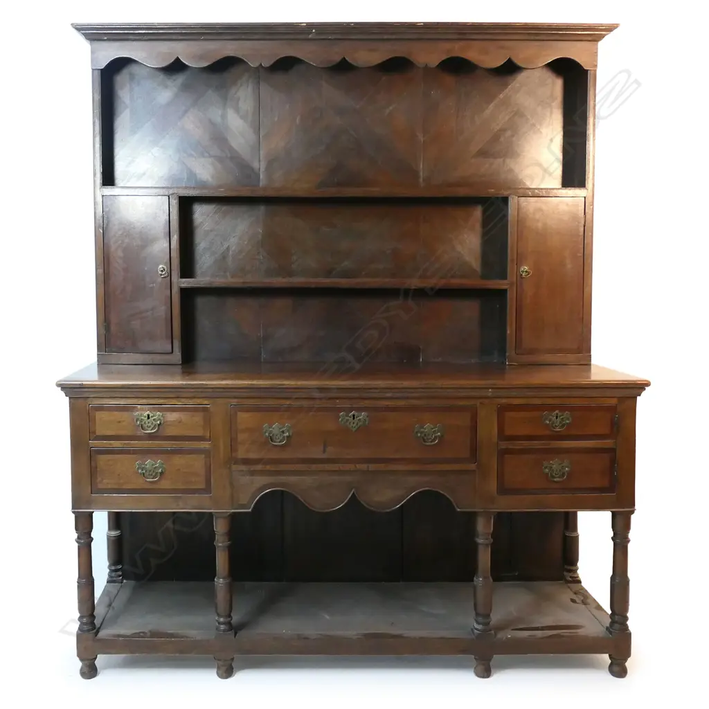 A late Georgian crossbanded oak plate rack dresser, with parquetry panelled back and base, Image 1++