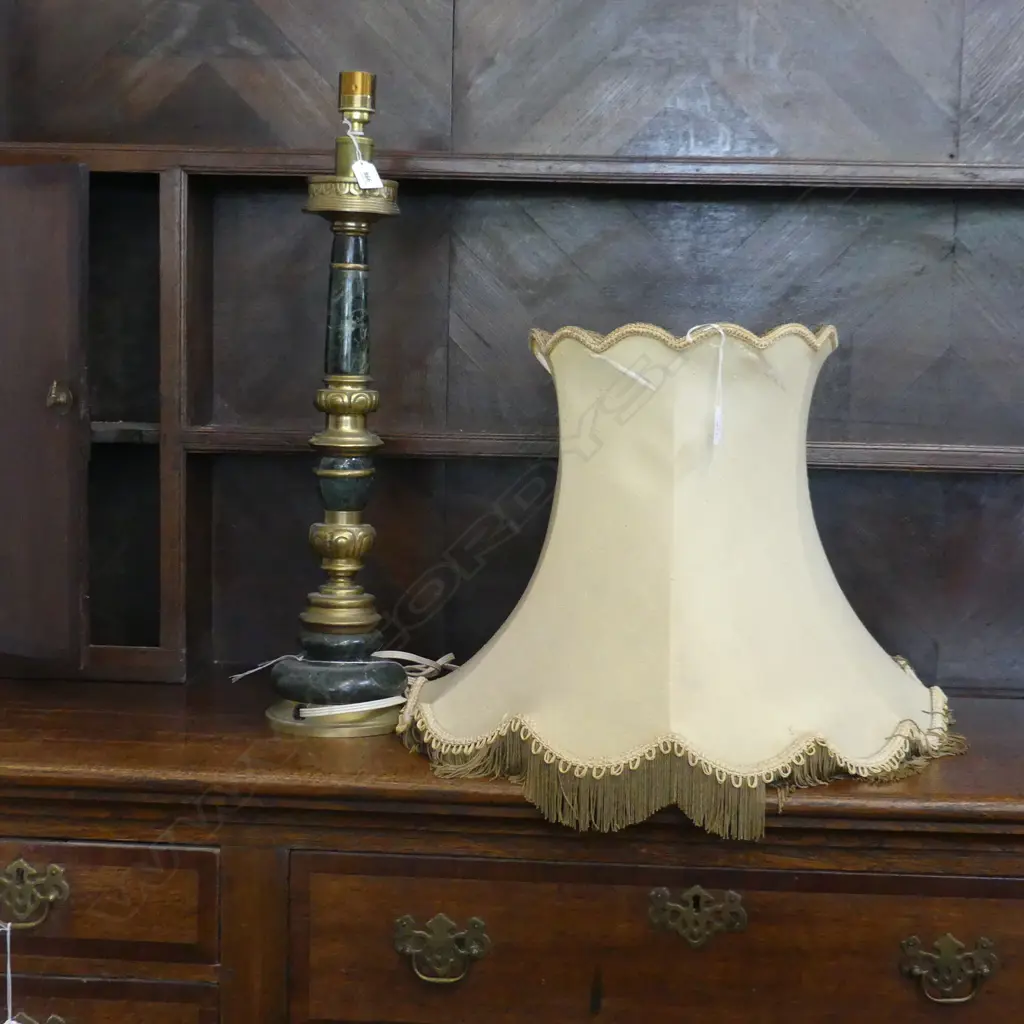 GREEN MARBLE & BRASS TABLE LAMP BASE H. 660MM + LG OLD LAMP SHADE (A/F) DIA 580MM H.350mm Image 1++
