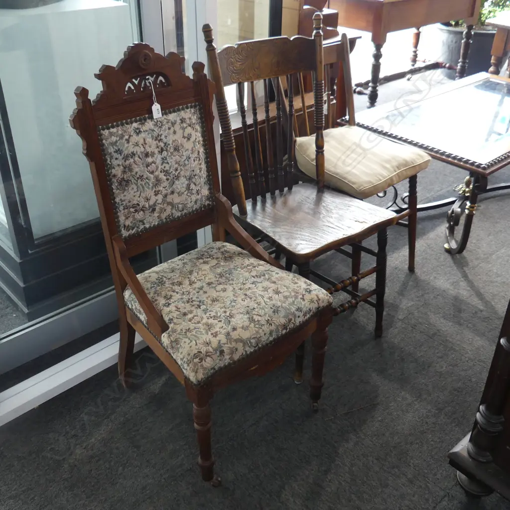 3 CHAIRS. ONE EDWARDIAN CEDAR UPHOLSTERED. 2 COTTAGE BEECH ONE SPINDLE BACKED . Image 1++