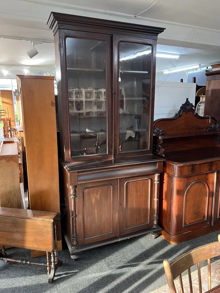 VERY ORIGINAL KAURI COLONIAL BOOKCASE CHIFFONIER. TOP W 3 SHELVES.base with 1/2 columns  .H.2300mm W.1030mm Image 1++