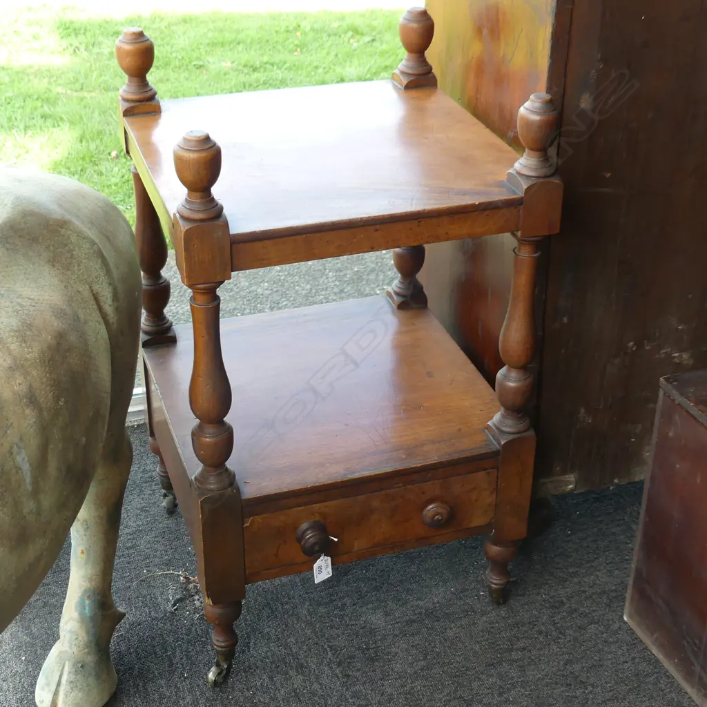 SMALL TWO LEVEL TABLEAU. WALNUT CONSTRUCTION . POSSIBLE CUT DOWN WHATNOT. FRIEZE DRAWER WITH WOODEN KNOBS .H.730mm Image 1++