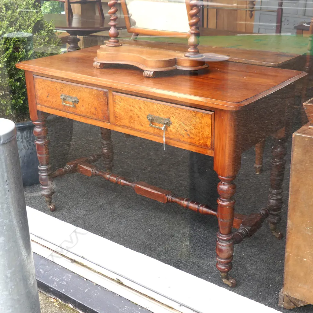 COLONIAL KAURI TURNED LEG HALL TABLE. BURR TOTARA FRONTED DRAWERS. ON TURNED LEGS & STRETCHER. H. 785mm L .1220mm Image 1++