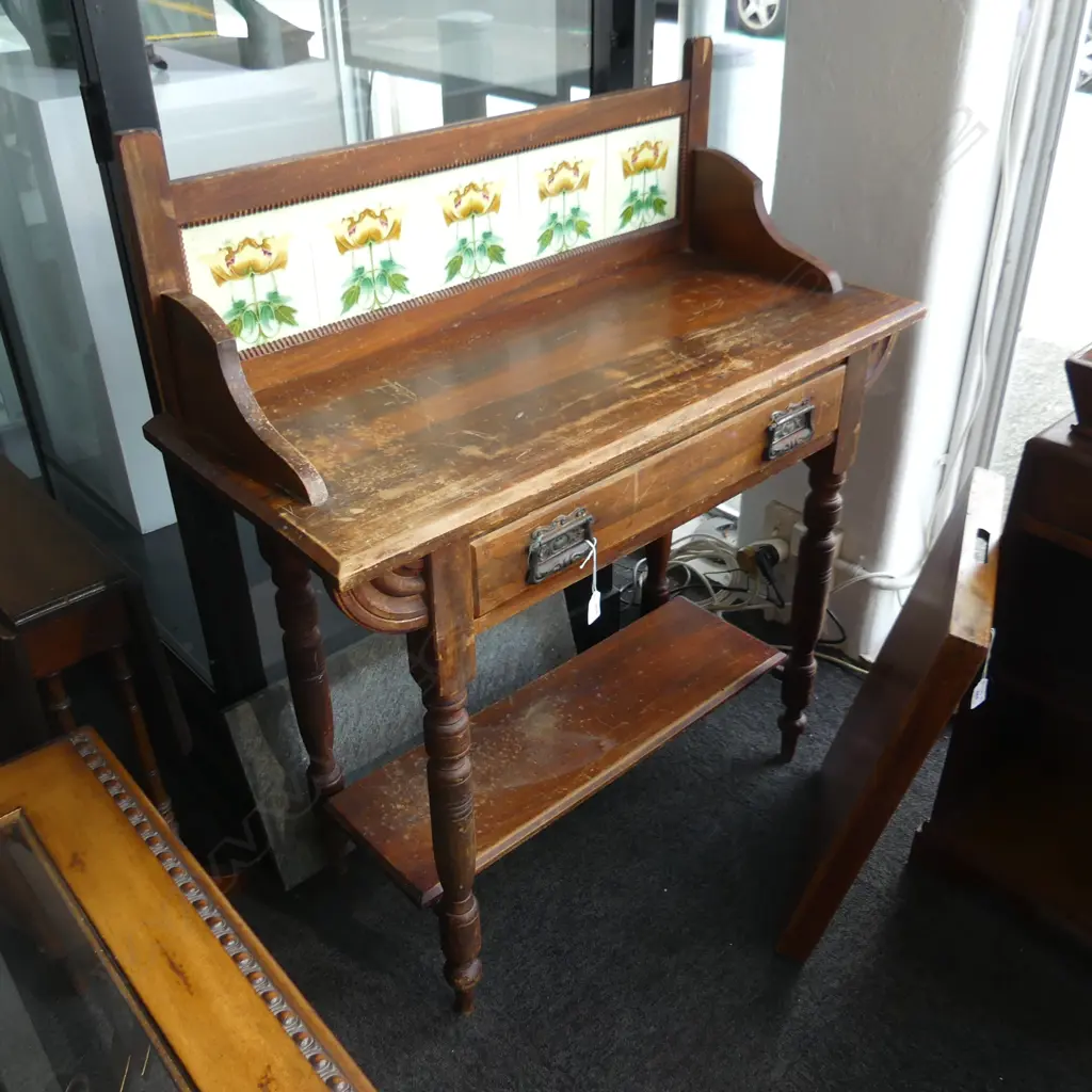 COLONIAL KAHIKATEA WASHSTAND. 5 TILE SPLASHBACK  OVER SINGLE FRIEZE DRAWER.H 1000mm W. 850mm. NOTE SOME BORER  Image 1++