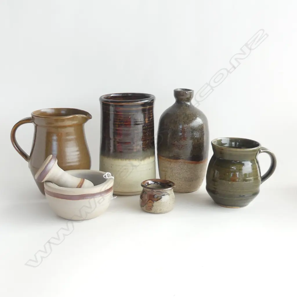 6 PCS ASST NZ POTTERY; MORTAR & PESTLE, CARAFE, VASE, JUG, BOWL, MUG - MAKERS UNKNOWN Image 1++